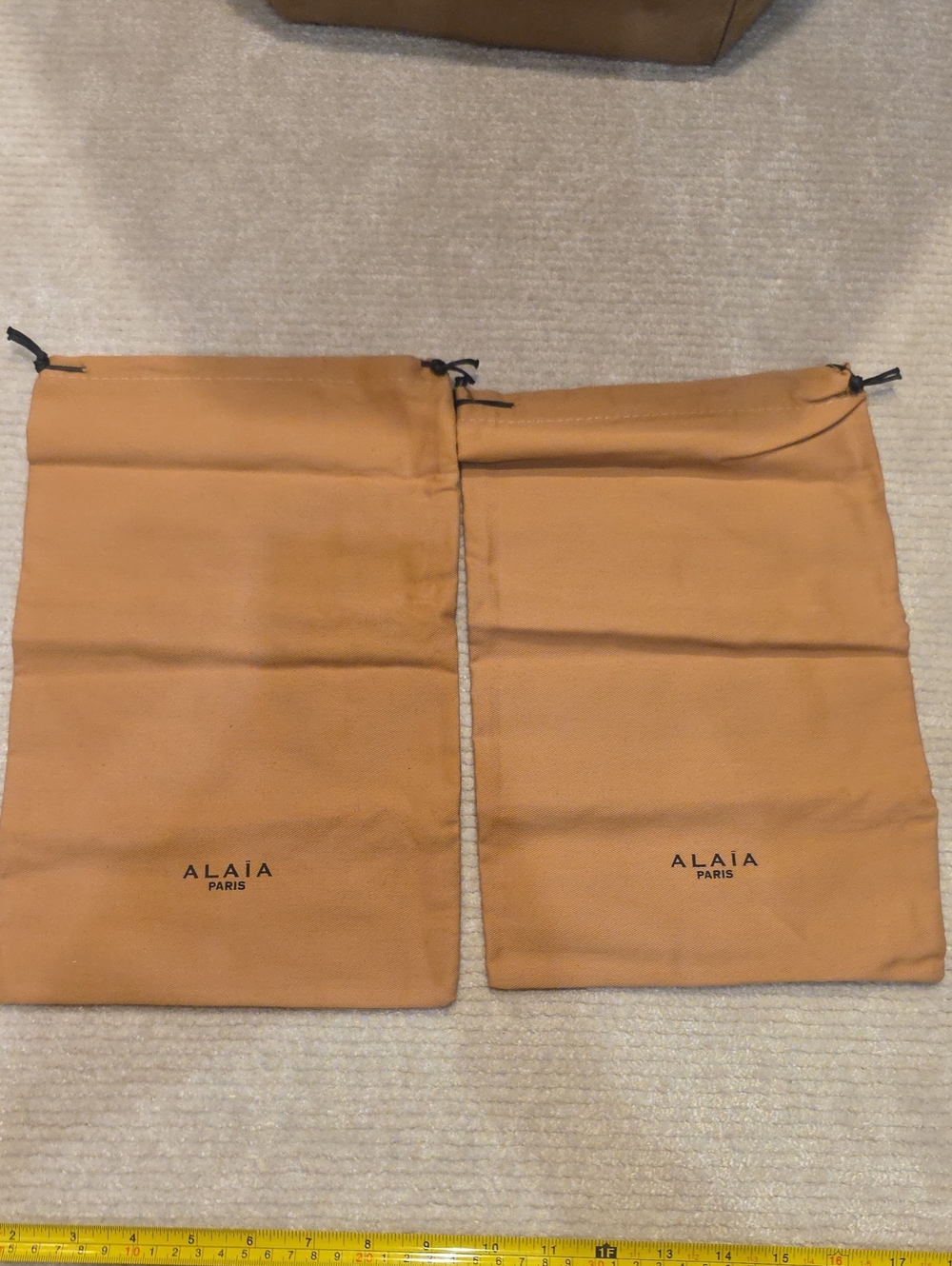 Alaia Tan Cotton Drawstring Shoe Bags with Black Logo(pair)